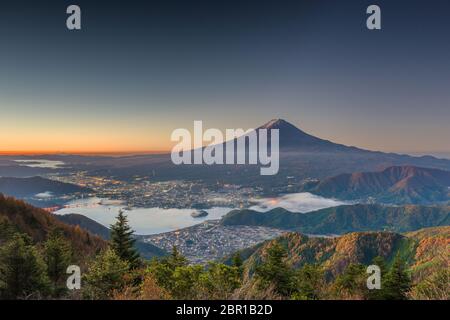 Mt. Fuji, Japan over Kawaguchi Lake on an autumn dawn. Stock Photo