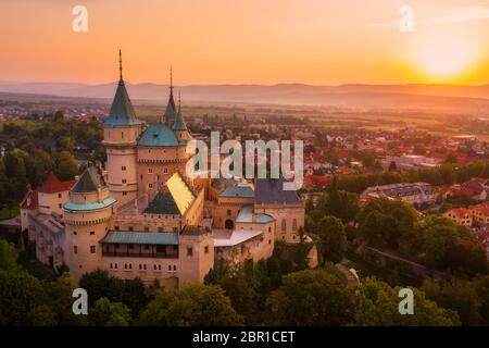 Aerial view of Bojnice medieval castle, UNESCO heritage in Slovakia. Romantic castle with gothic and Renaissance elements built in 12th century. Stock Photo