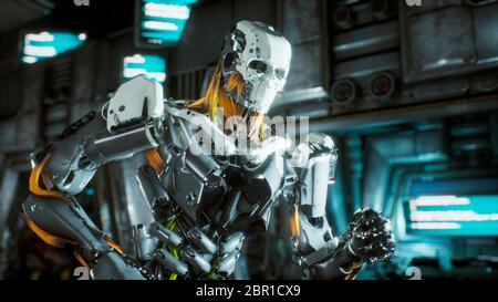 Robot soldier runs through a futuristic Sci-Fi tunnel with sparks and smoke, interior view. Stock Photo