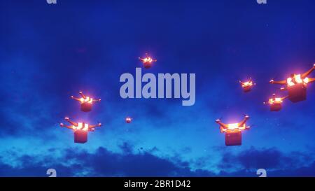 Autonomous delivery of parcels by unmanned drones-quadrocopters flying on a night. Stock Photo