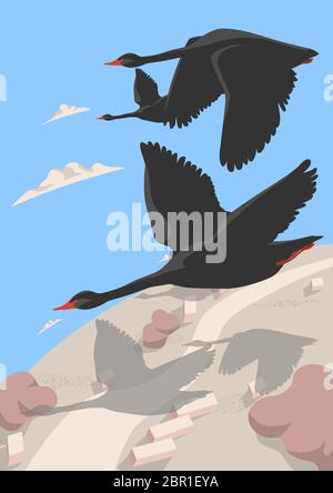 A flock of black swans covers the world. This is a symbol of the collapse of the Forex stock market. Allegory, a sign of problems and failures in busi Stock Vector