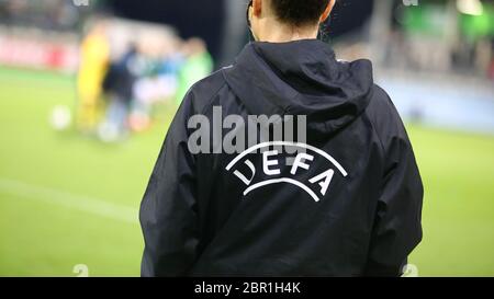 Wolfsburg, Germany, March 27, 2019:official UEFA assistant referee during UEFA Champions League game at AOK Stadion Stock Photo