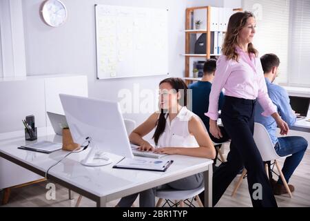 Smiling Young Employees Working Together Using Computers Stock Photo