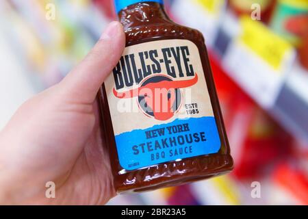 Tyumen, Russia-may 17, 2020: Plastic bottles with Bull's eye BBQ sauce. selling in the hypermarket Stock Photo