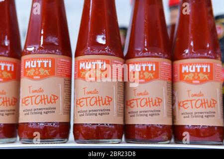 Tyumen, Russia-may 17, 2020: Mutti tomato puree display on shelf in supermarket. Stock Photo