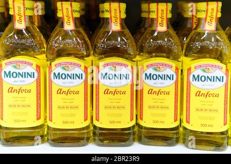 Tyumen, Russia-may 17, 2020: bottle of Monini Italian olive oil close up selective focus Stock Photo