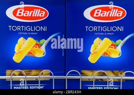 Tyumen, Russia-may 17, 2020: box of Pasta Barilla. Barilla produces several kinds of pasta. Stock Photo