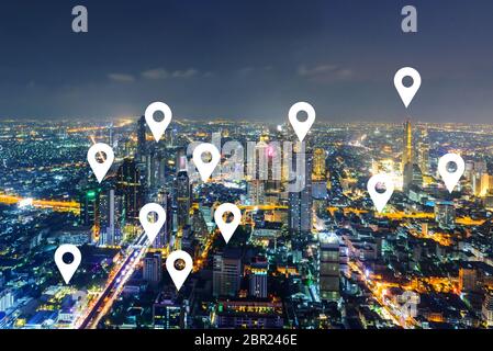 Check in sign in the city / high view of city with check-in sign for social distancing people service Stock Photo