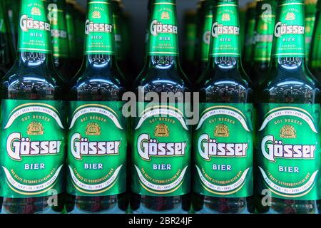 Tyumen, Russia-may 17, 2020: Gosser beer bottles on store shelves. Sale of alcoholic beverages Stock Photo