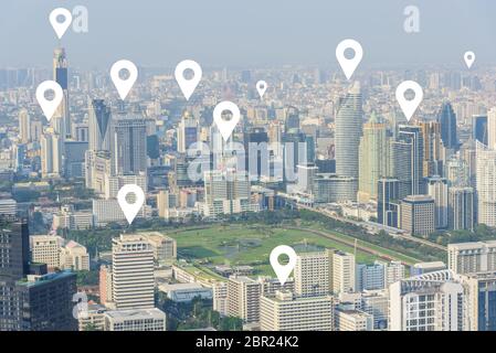 Check in sign in the city / high view of city with check-in sign for social distancing people service Stock Photo