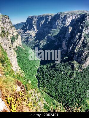 Vikos Gorge, a gorge in the Pindus Mountains of northern Greece, lying on the southern slopes of Mount Tymfi, one of the deepest canyons Stock Photo