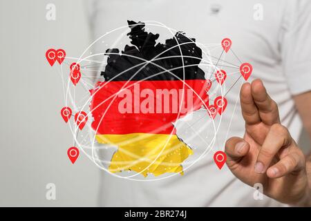 Abstract of germany map network, internet and global connection concept, Wire Frame 3D mesh polygonal network line, design sphere, dot and structure. Stock Photo