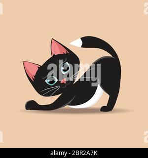 Black cat with big blue eyes isolated on beige background.  Cute cartoon kitten. Lovely little cat. Playful pet animal. Vector illustration. Stock Vector