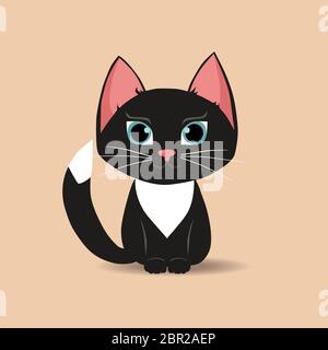 Black cat with big blue eyes isolated on beige background.  Cute cartoon kitten. Lovely little cat. Playful pet animal. Vector illustration. Stock Vector