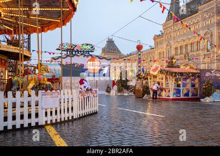 Maslenitsa: traditional national celebration. Holiday decor on Red Square in Moscow city, Russia. Market, fair near GUM (State Department Store) Stock Photo