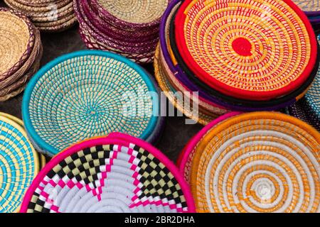 handmade wicker baskets of various colors Stock Photo