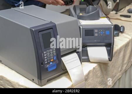 Two Barcode Label Printers Equipment for Distribution Warehouse Stock Photo