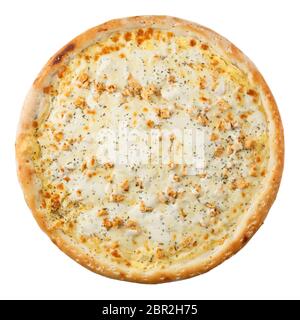 Delicious classic italian Pizza with chicken fillet and Dorblu cheese. isolated on white background Stock Photo