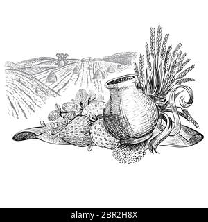 Sheaf of wheat, strawbery and jar of milk on field background. Vector illustration in sketch style isolated on white background. Stock Vector