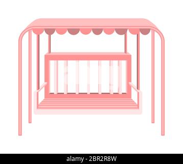 Outdoor garden hanging on frame porch swing bench furniture with ropes isolated on white background. Vector flat cartoon illustration. Sign simple fur Stock Vector