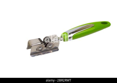 Knife, kitchen tools and knife sharpener isolated on white background. Selective focus and crop fragment Stock Photo
