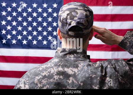 Rear View Of Military Man Saluting Us Flag Stock Photo