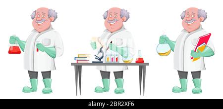Professor cartoon character, set of three poses. Usable also as scientist, chemist, laboratory assistant, inventor, teacher etc. Vector illustration Stock Vector