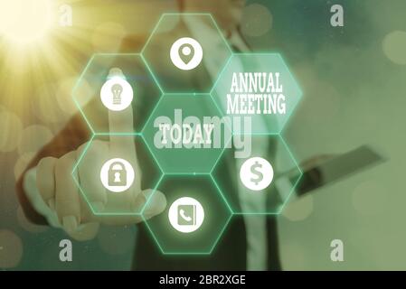Handwriting text Annual Meeting. Conceptual photo yearly meeting of the general membership of an organization Stock Photo