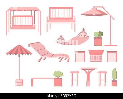 Set furniture for garden and terrace in flat style isolated on white background. Bench, deck chair, swing, deck chair, umbrella, tea table, trees. Cou Stock Vector