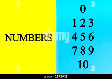Set of Numbers written words on blue and yellow background. Stock Photo