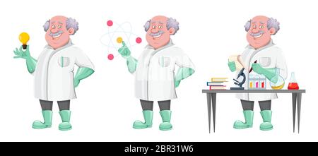 Handsome professor cartoon character, set of three poses. Usable also as scientist, chemist, laboratory assistant, inventor, teacher etc. Vector illus Stock Vector