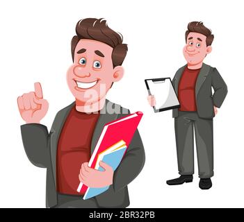 Smiling middle aged businessman, set of two poses. Happy handsome business man cartoon character. Vector illustration on white background Stock Vector