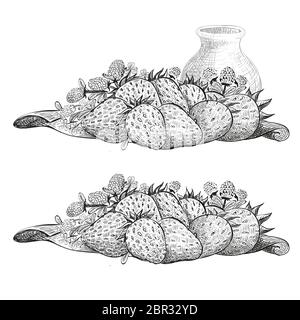 Strawberry and jar of milk on white background. Vector illustration in sketch style. Stock Vector