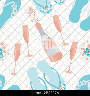 Flip flop shoe and Champagne icons vector seamless pattern background. Pink rose bottles, fizzing glasses, blue sandals on criss cross backdrop. All Stock Vector
