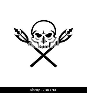 Mascot icon illustration of human skull with crossed primitive fishing spear hooks viewed from front  on isolated background in retro style. Stock Photo