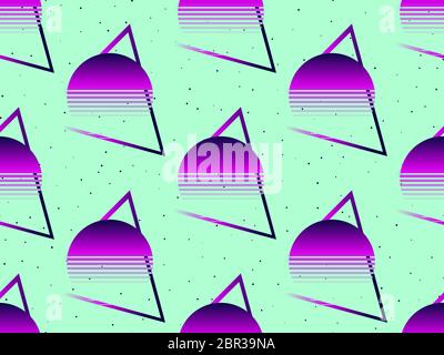 Retro futuristic seamless pattern. 80s retro sci-fi background with sun for brochures, promotional material and wallpaper. Vector illustration Stock Vector