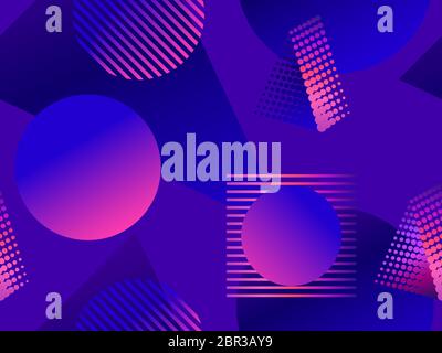 Seamless pattern with geometric shapes memphis style 80s. Triangles and circles with multicolored gradient. Background for brochures, promotional mate Stock Vector