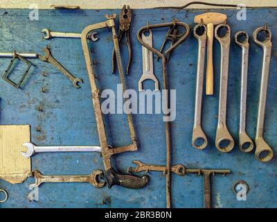 Bricolage tools showcase on a wall Stock Photo