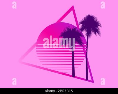 80s retro sci-fi palm trees on a sunset. Retro futuristic sun with palm trees. Summer time. Synthwave and retrowave style. Vector illustration Stock Vector