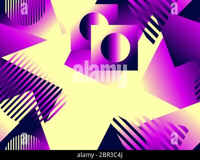Seamless pattern with geometric shapes memphis style 80s. Triangles and circles with multicolored gradient. Background for brochures, promotional mate Stock Vector