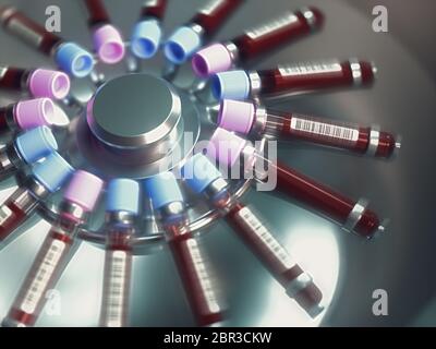Lab equipment centrifuging blood. Concept image of a blood test. 3D illustration. Stock Photo