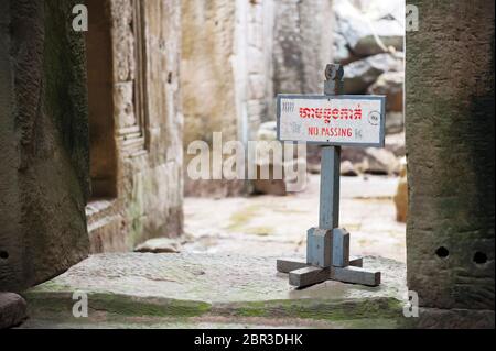 'No Passing' sign at the Preah Khan Temple. Angkor, UNESCO World Heritage Site, Siem Reap Province, Cambodia, Southeast Asia Stock Photo