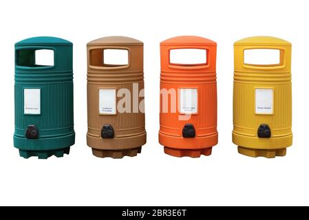 plastic, colored, garbage cans on a white background Stock Photo