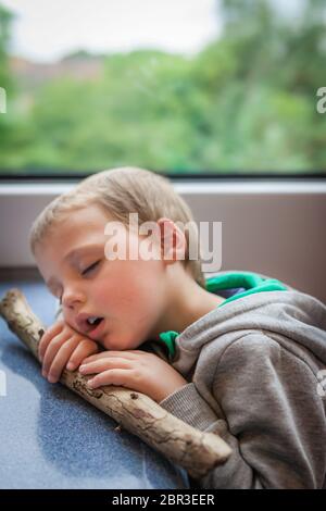 Little Caucasian boy asleep on the seat inside the train carriage holding small stick found on a trip to the woods Stock Photo