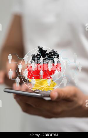 Abstract of germany map network, internet and global connection concept, Wire Frame 3D mesh polygonal network line, design sphere, dot and structure. Stock Photo