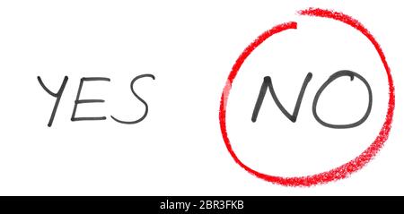 Yes or no? No! Handwritten text with green marking on white background Stock Photo