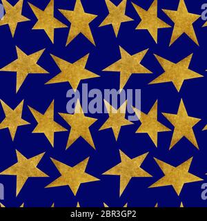 Seamless pattern with golden metallic stars on a night blue sky background. Stylish ornament with geometric repeating shapes. Stock Photo