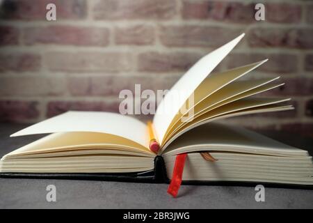 Close up of open diary and pencil on table  Stock Photo