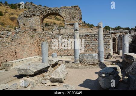 The ruins of the ancient city of Ephesus in Turkey. Toilets Latrines of Ephesus. Stock Photo