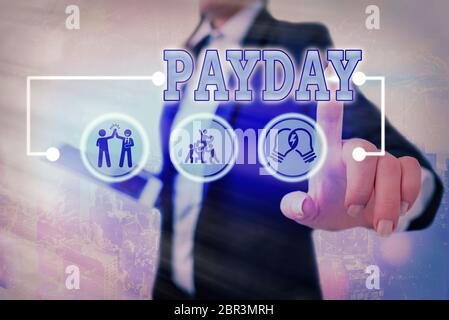 Conceptual hand writing showing Payday. Concept meaning a day on which someone is paid or expects to be paid their wages Stock Photo